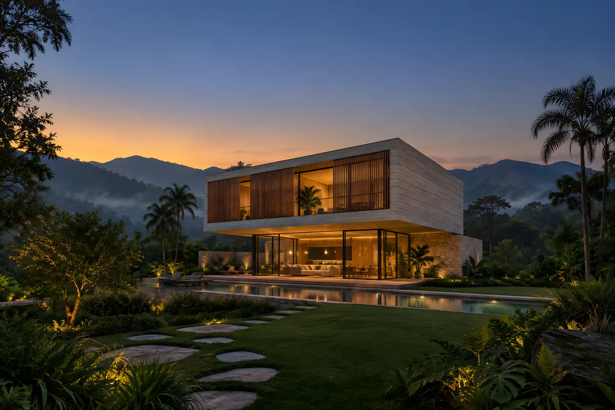 Casa pronta na hora azul, acesa por dentro, com gramado, piscina e caminho de pedras