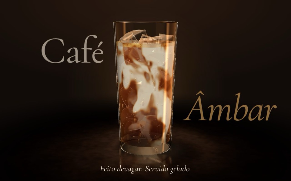 Topo do site do Café Âmbar, com o copo de café em 3D